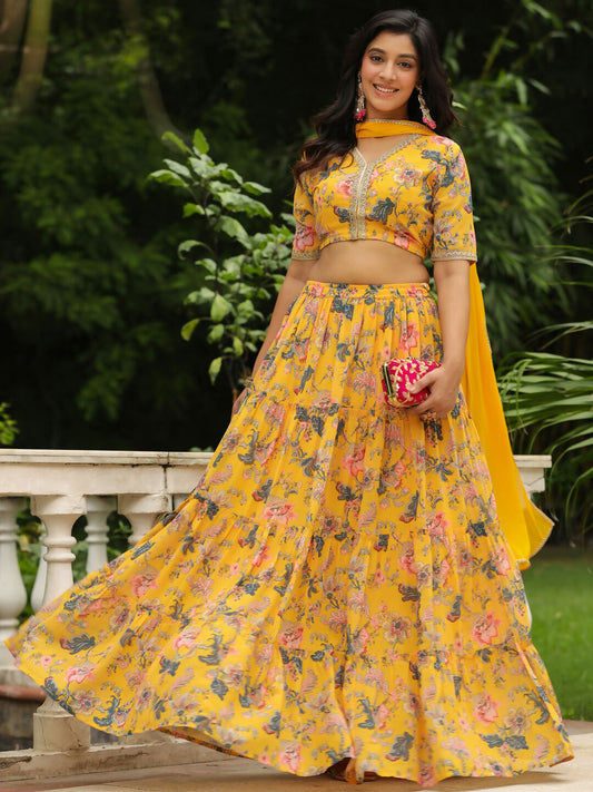 Janasya Yellow Georgette Floral Lehenga Choli Dupatta | Swadesiicart