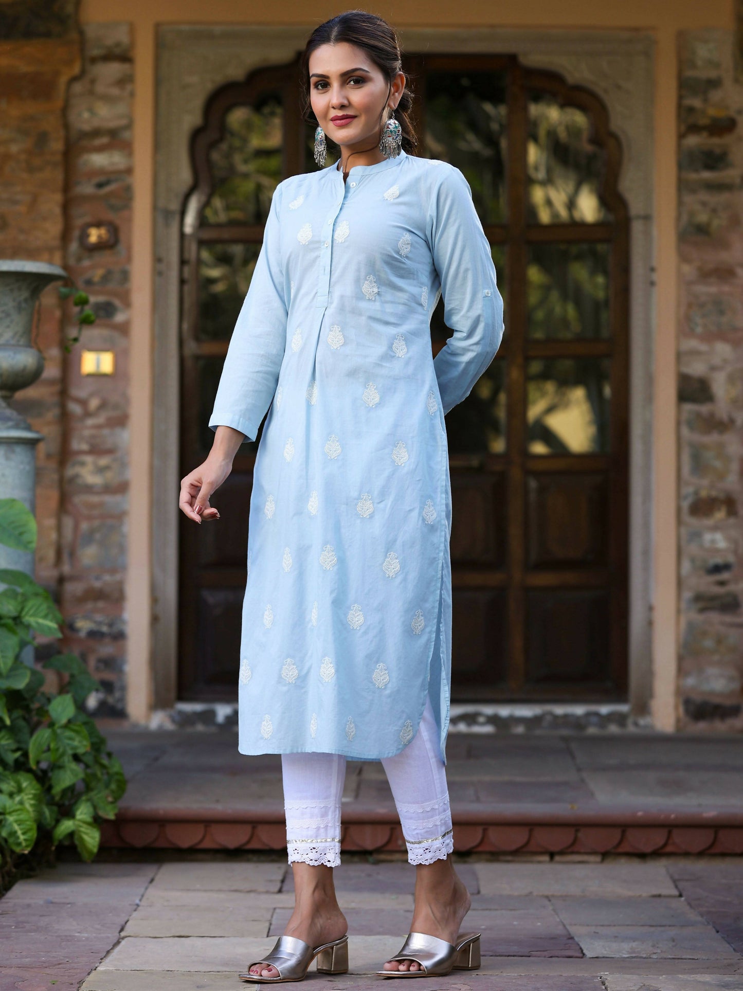 Juniper Women's Blue Cambric Embroidered Straight Kurta | Swadesiicart