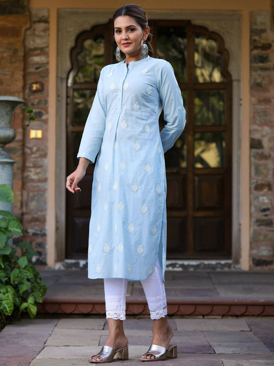Juniper Women's Blue Cambric Embroidered Straight Kurta | Swadesiicart
