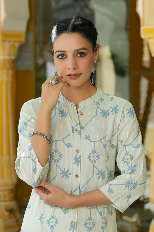 Juniper Women's Sky Blue Rayon Staple Printed A-Line Kurta | Swadesiicart