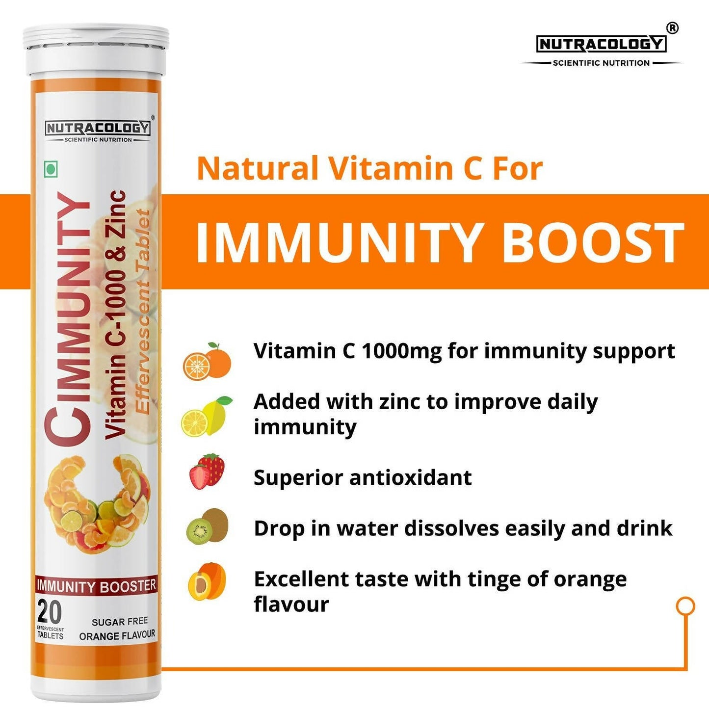 Nutracology Cimmunity Vitamin C 1000mg Effervescent Tablet For Glowing Skin, Immunity Booster - Swadesiicart