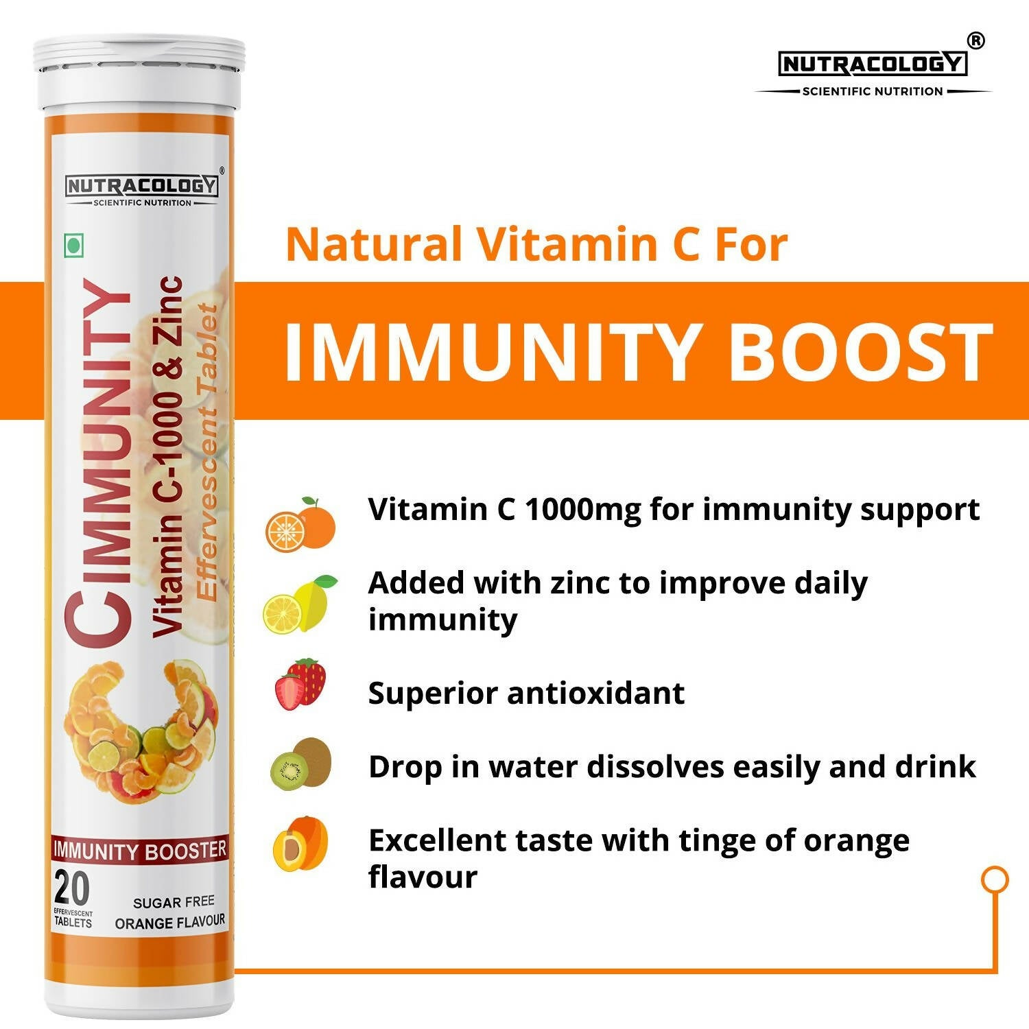 Nutracology Cimmunity Vitamin C 1000mg Effervescent Tablet For Glowing Skin, Immunity Booster - Swadesiicart