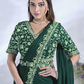 Green Crepe Satin Silk Designer Ready to wear saree with stithced Blouse - Mohmanthan Aura | Swadesiicart