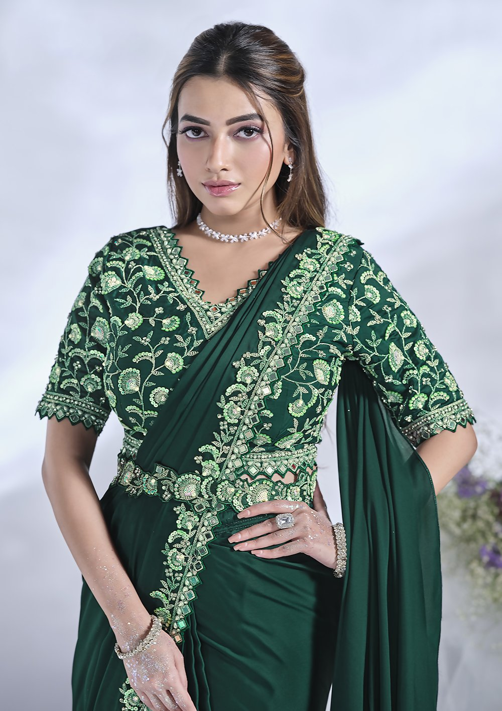 Green Crepe Satin Silk Designer Ready to wear saree with stithced Blouse - Mohmanthan Aura | Swadesiicart