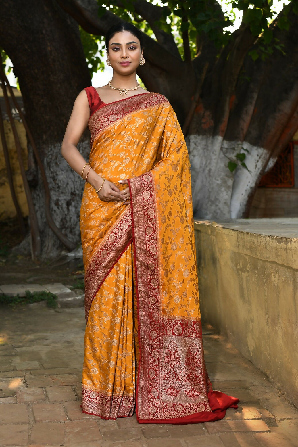 Joban Fashion Gold Crepe Chiffon Pure Handloom Banarasi Silk Saree | Swadesiicart