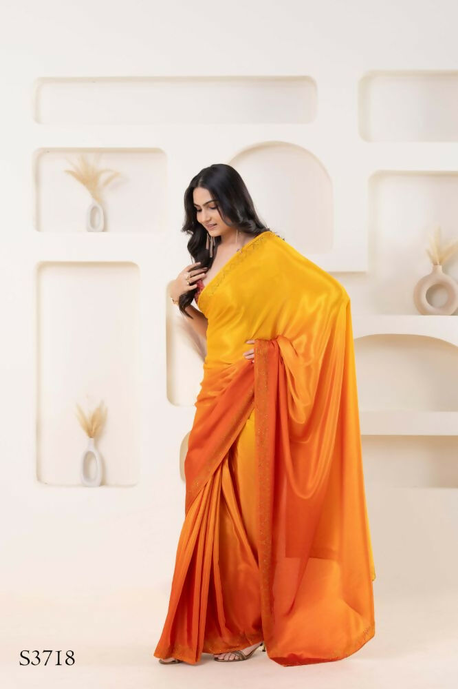 Yellow Satin Pedding Designer, Printed Party Wear Ready To Wear Saree - Femina | Swadesiicart