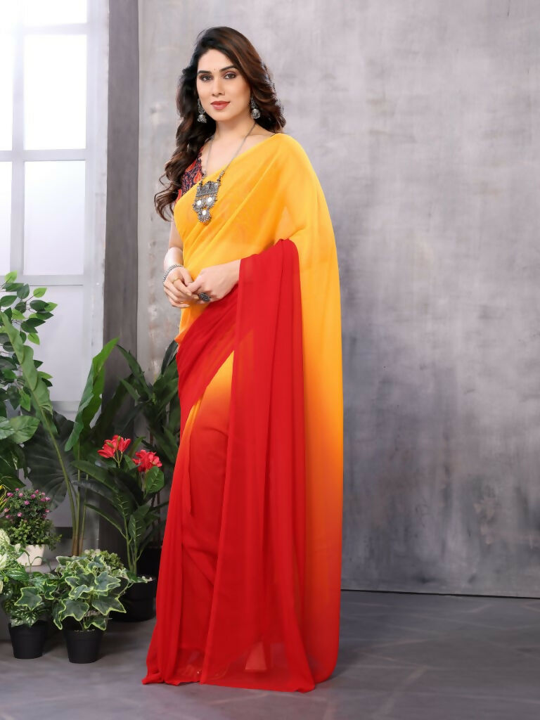 Partywear Designer Yellow & Red Georgette Fancy Saree - Satrangi | Swadesiicart