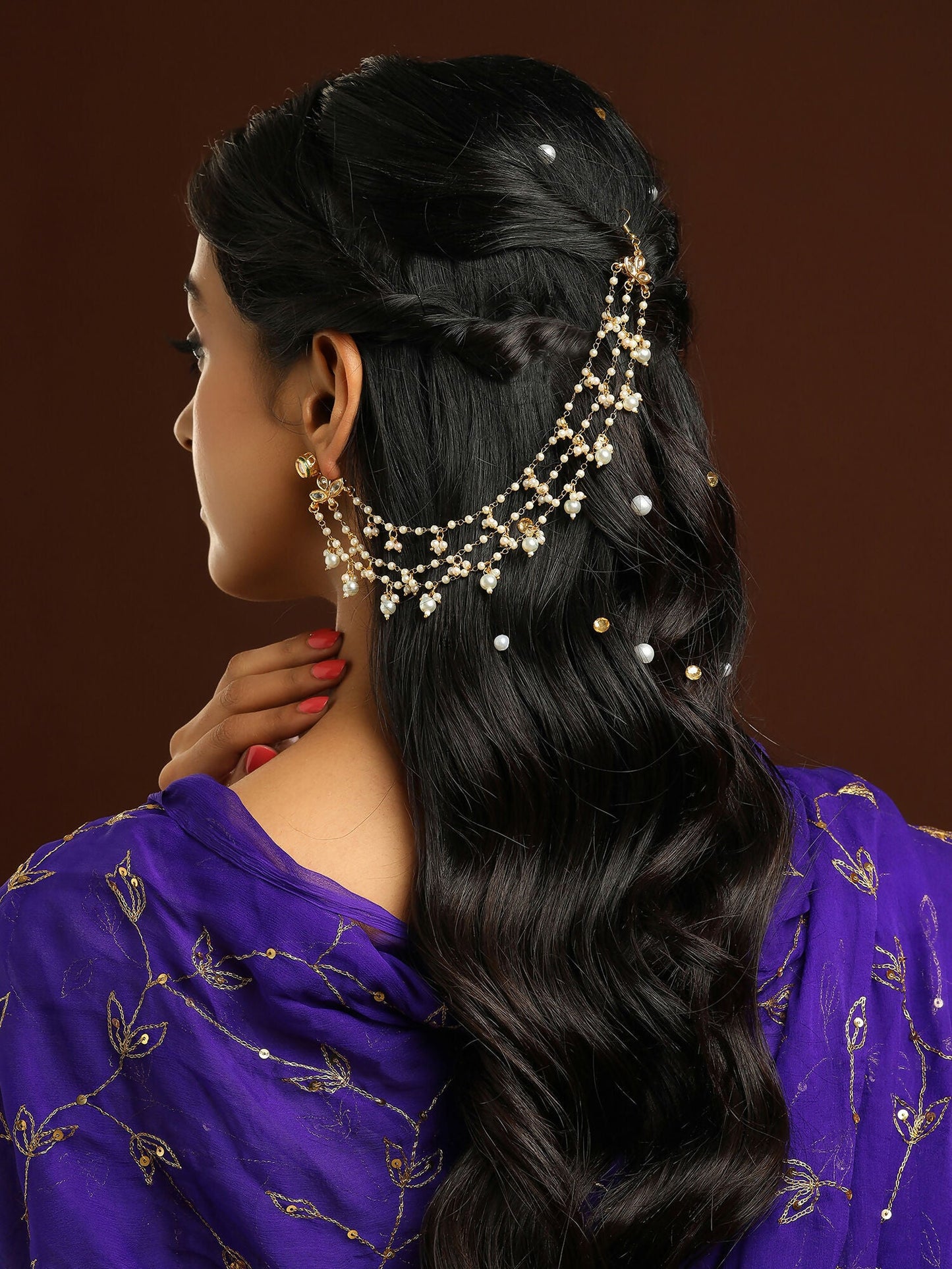 Ruby Raang Gold Pearl Ear Chains (set of 2) | Swadesiicart