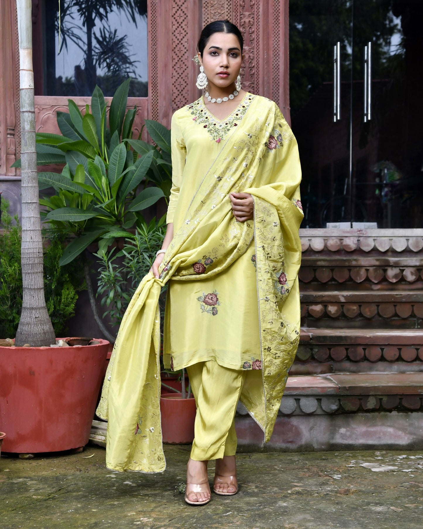 Vaasva Women's Tissue Silk Emboidered Suit Set With Solid Pant & Solid Embroidered Dupatta | Swadesiicart
