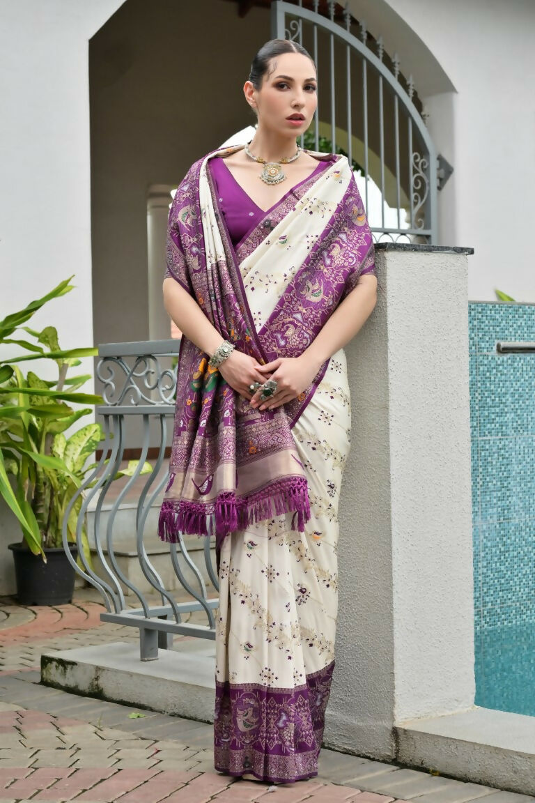 Vishnu Weaves Women's Wine Banarasi Silk Patola Zari Woven Saree with Blouse - Swadesiicart