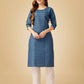 Jyoti Fashion Women's Denim Blue Cotton Blend Embroidered Kurta Pant Set | Swadesiicart