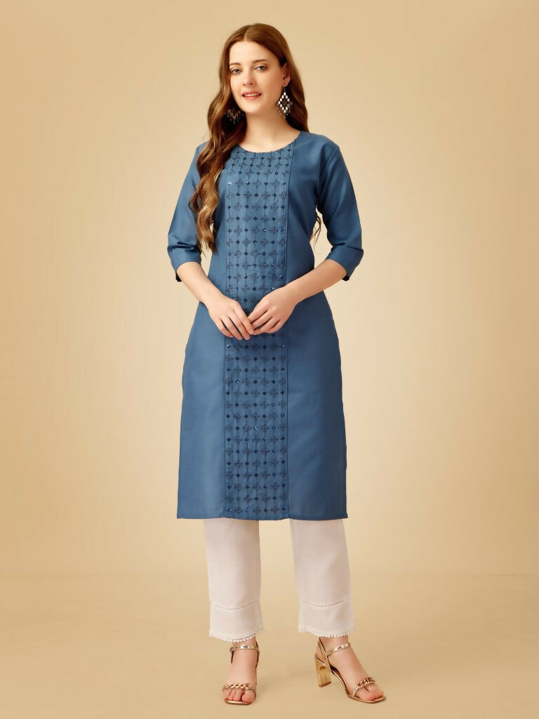 Jyoti Fashion Women's Denim Blue Cotton Blend Embroidered Kurta Pant Set | Swadesiicart