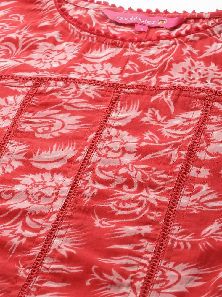 Anubhutee Red Floral Printed Pure Cotton Kurta with Trousers & With Dupatta | Swadesiicart