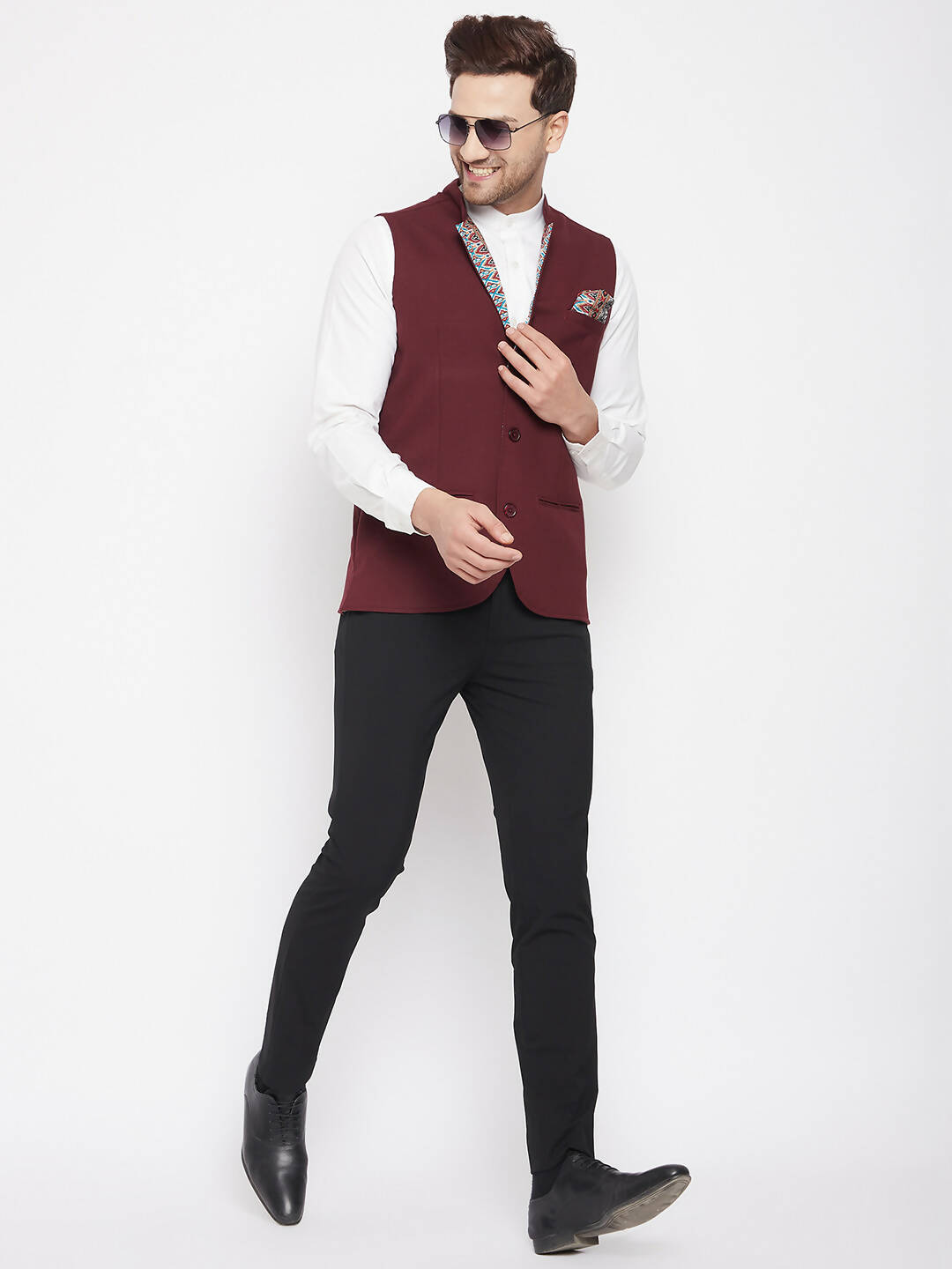 Even Apparels Maroon Merino Men's Nehru Jacket-Contrast Lining-Inbuilt Pocket Square | Swadesiicart