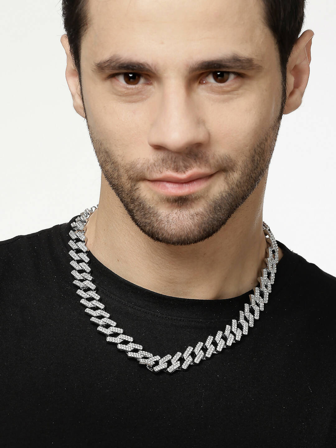 NVR Men Silver-Plated Stainless Steel American Diamond Chain | Swadesiicart
