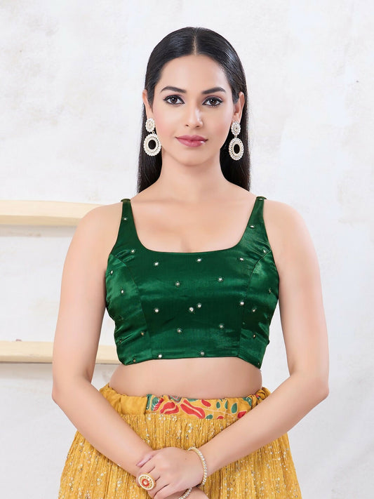 Joban Fashion Bottle-Green Gajji Silk Sleeveless Back Open Blouse - Swadesiicart