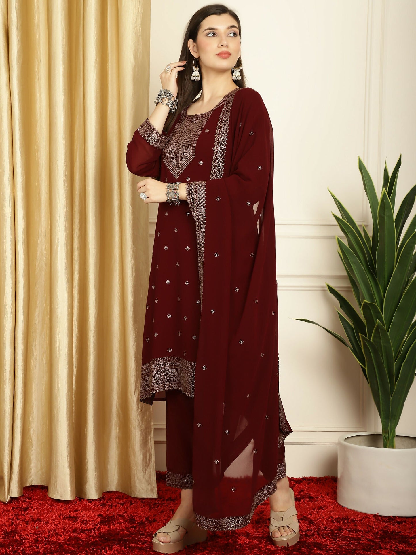 Jyoti Fashion Women's Maroon Georgette Resham Thread & Sequin Kurta with Trouser & Dupatta | Swadesiicart