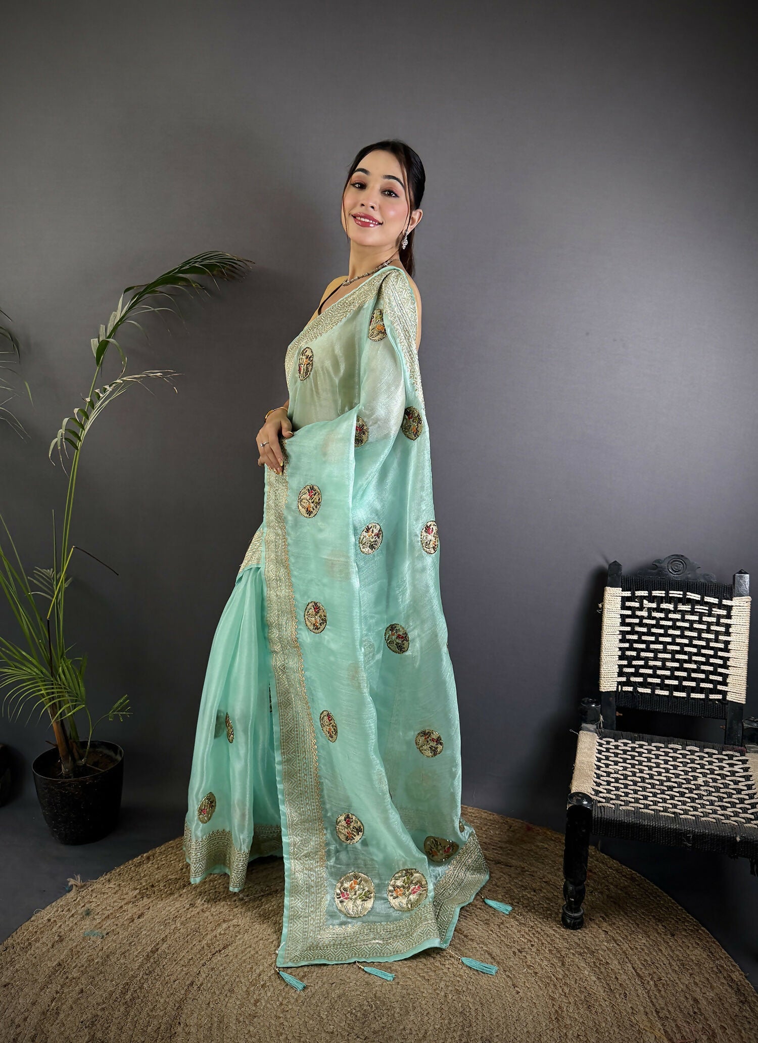 Joban Fashion Sky Blue Handloom Banarasi Organza Silk Khatali Butta Work Saree | Swadesiicart