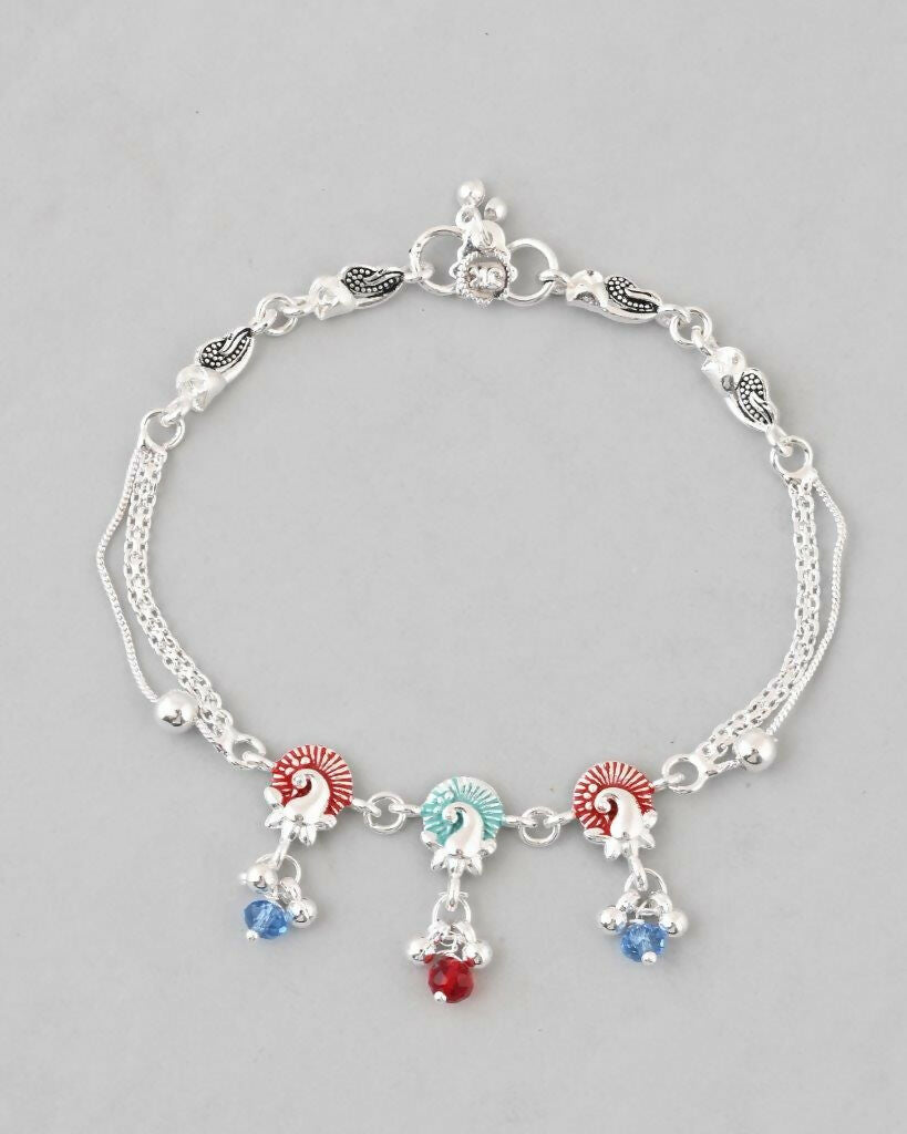 VOJ Set of 2 Silver Plated Peacock Shaped Multi Color Anklet - Swadesiicart