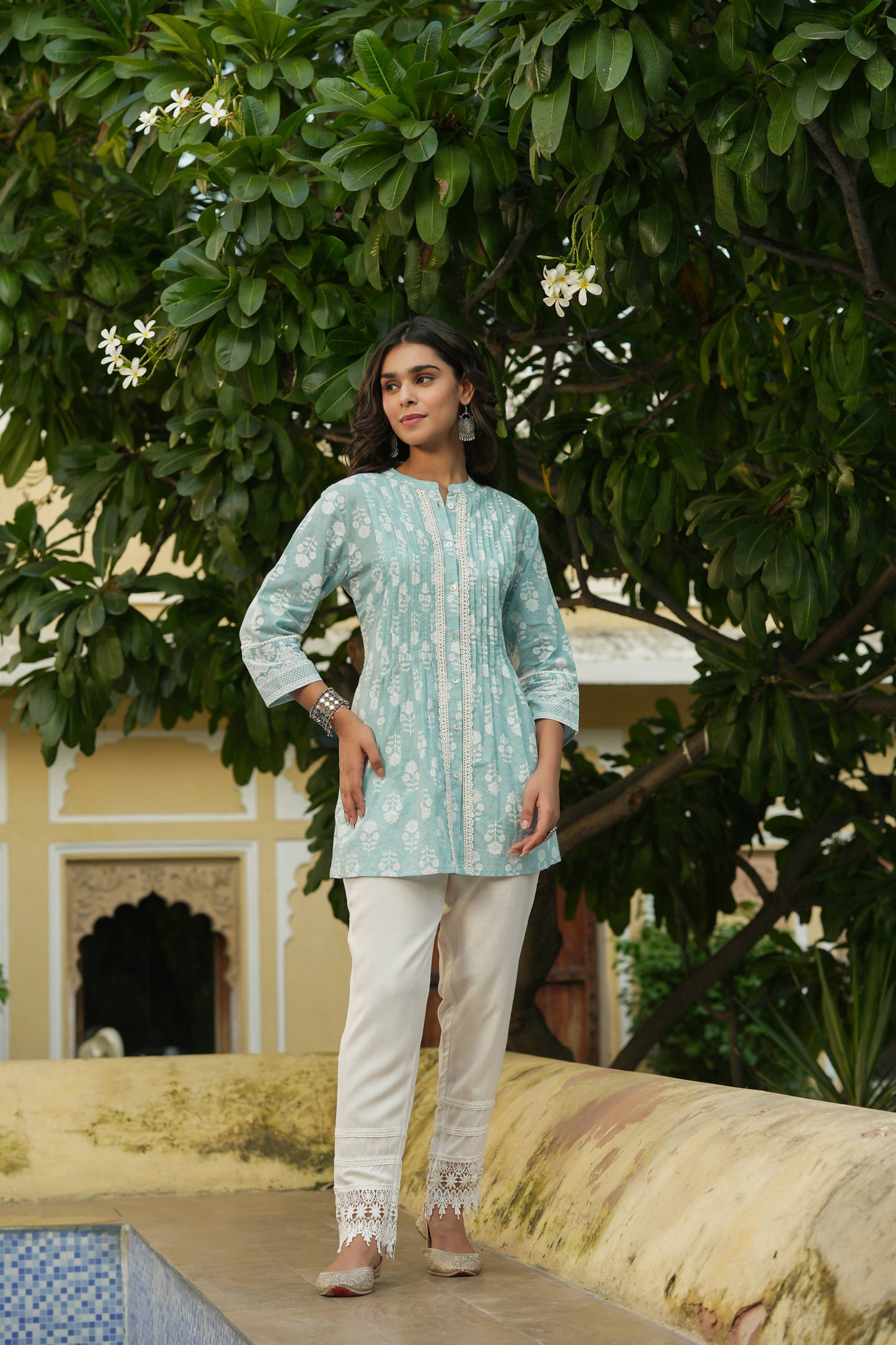 Juniper Women's Skyblue Cambric Placement Floral Printed Tunic | Swadesiicart