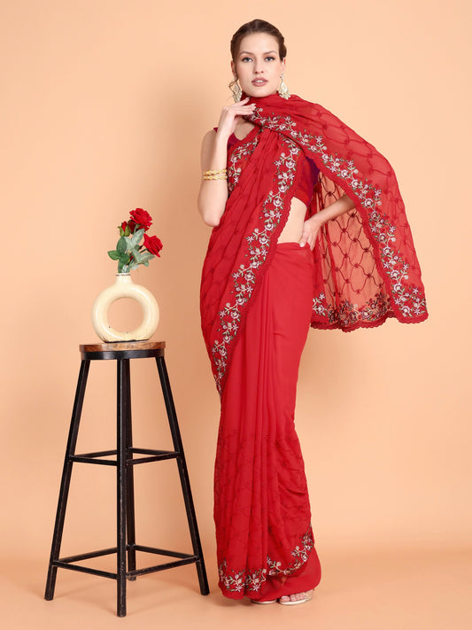 Vamsee Ammelia Red Georgette Saree - Swadesiicart