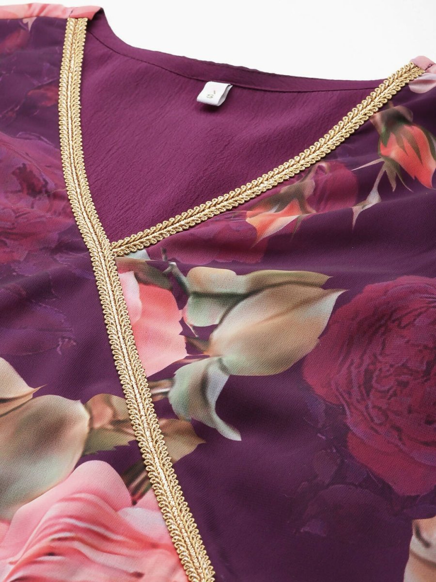 Ahalyaa Women Floral Printed Angrakha Kurta with Palazzos - Burgundy Color | Swadesiicart