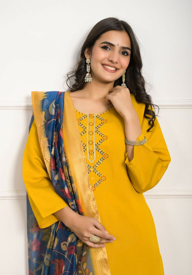 Festive Wear Ethnic YellowViscose Chanderi Stitched Suit With Dupatta - Tanisha | Swadesiicart