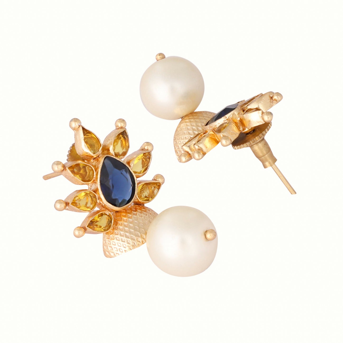 Nuyug 22K Gold Plated Pearl & Crystal Studded Contemporary Floral Stud Earrings | Swadesiicart