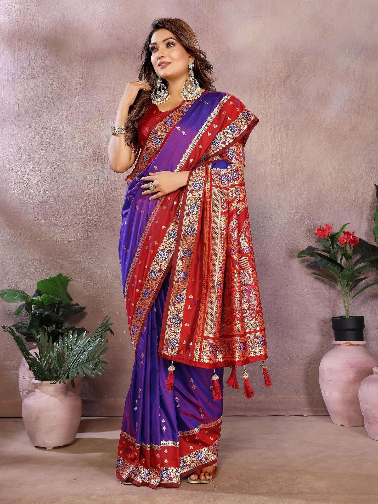 Aastha Fashion Purple Kalamkari Silk Zari Woven Saree