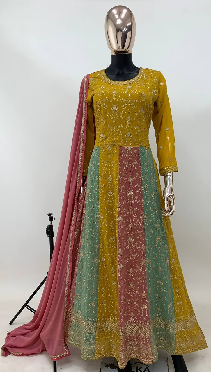 Lorenvalley Fashion Yellow Faux Georgette Embroidery with Sequince Work Gown Stitched | Swadesiicart