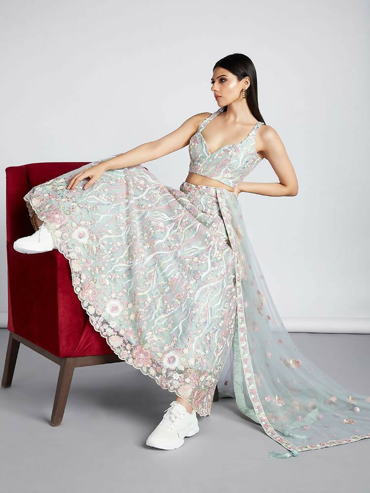 House of Panchhi Lime Green Net Sequins And Thread Embroidery Lehenga Choli & Dupatta | Swadesiicart
