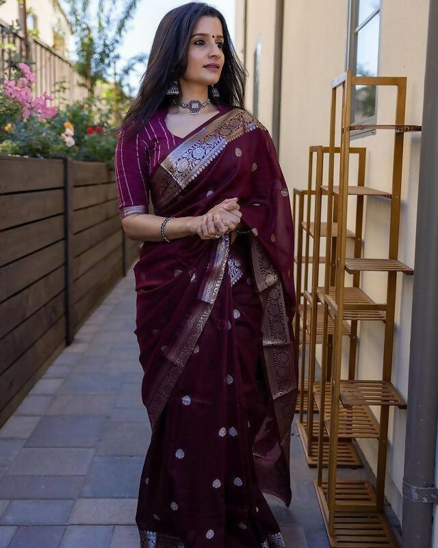 DEIANA'S Beautiful Designer Golden zari Soft Cotton Saree - Wine - Swadesiicart