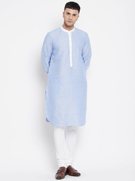 Even Apparels Blue Color Pure Cotton Men's Kurta With Contrast Collar And Placket | Swadesiicart