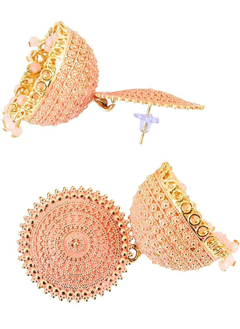 Mominos Fashion Joharkamal Gold-Polished Meenakari Jhumkas For Women & Girls (Peach) - Swadesiicart