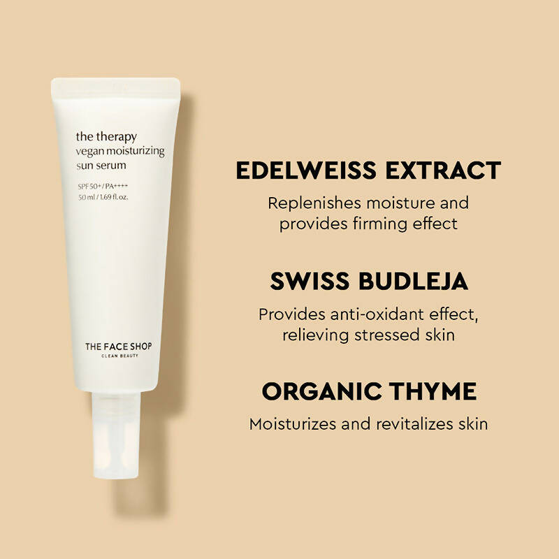 The Face Shop The Therapy Vegan Moisturizing Sun Serum SPF 50+ - Korean Skincare | Swadesiicart