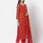 Myshka Women Red Georgette Printed 3/4 Sleeve Round Neck Kurta Pant Dupatta Set