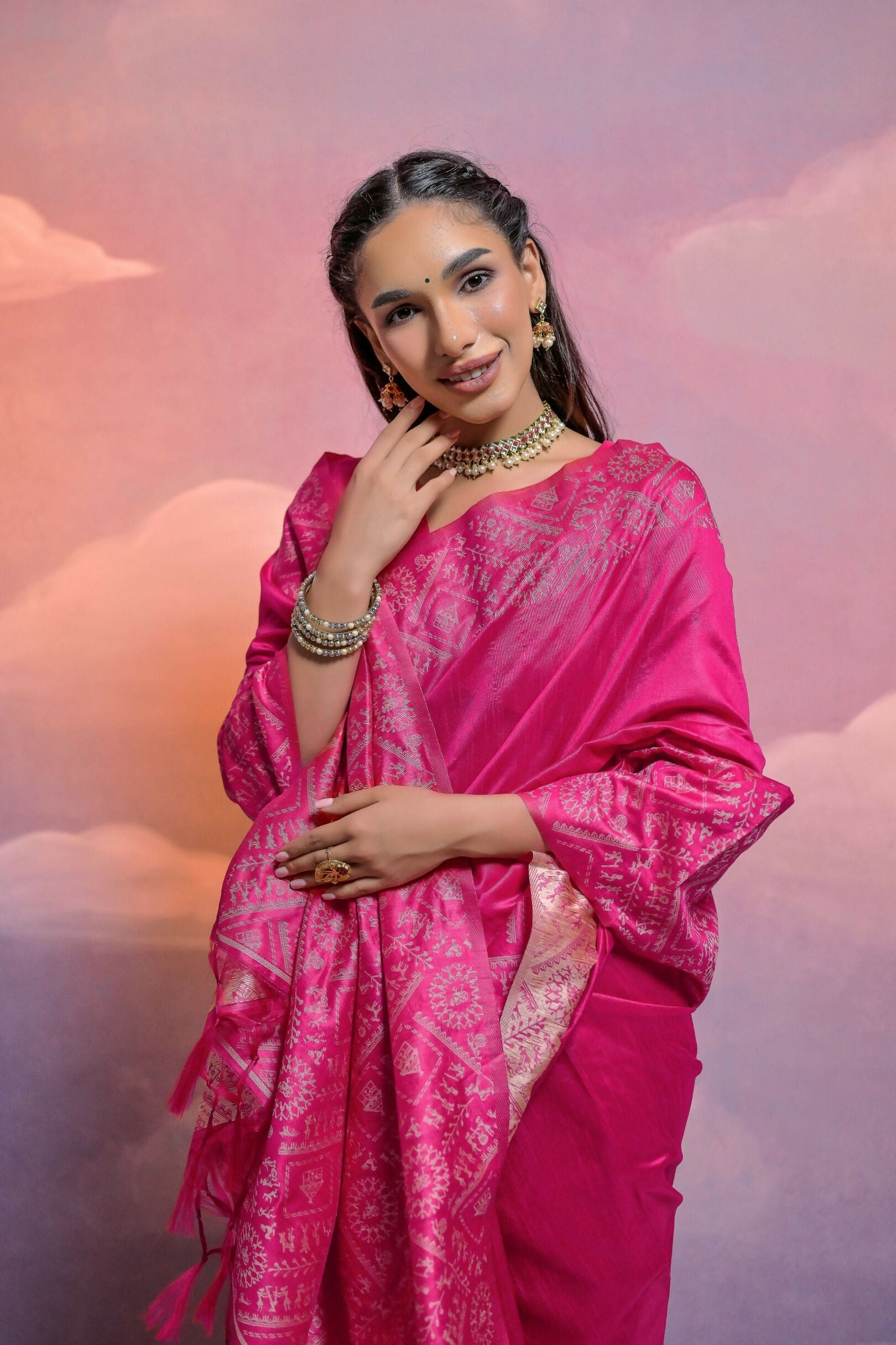 Vishnu Weaves Women's Rani Handloom Raw Silk Woven Border Saree with Blouse - Swadesiicart