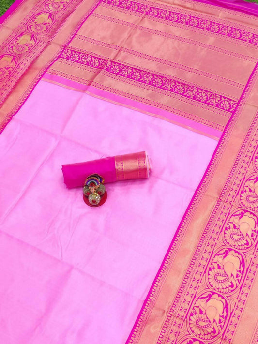 DEIANA'S Beautiful Designer Golden zari Soft Lichi Silk Saree - Baby pink - Swadesiicart