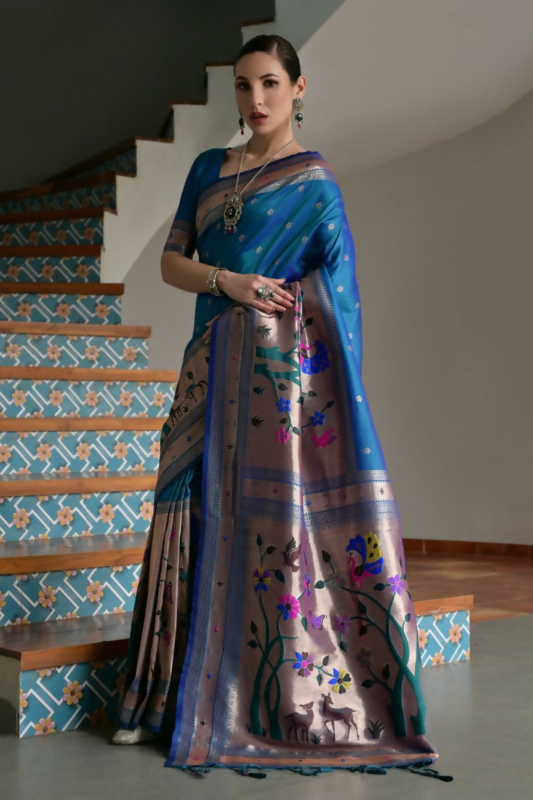 Vishnu Weaves Women's Rama Paithani Silk Zari Woven Saree with Blouse - Swadesiicart