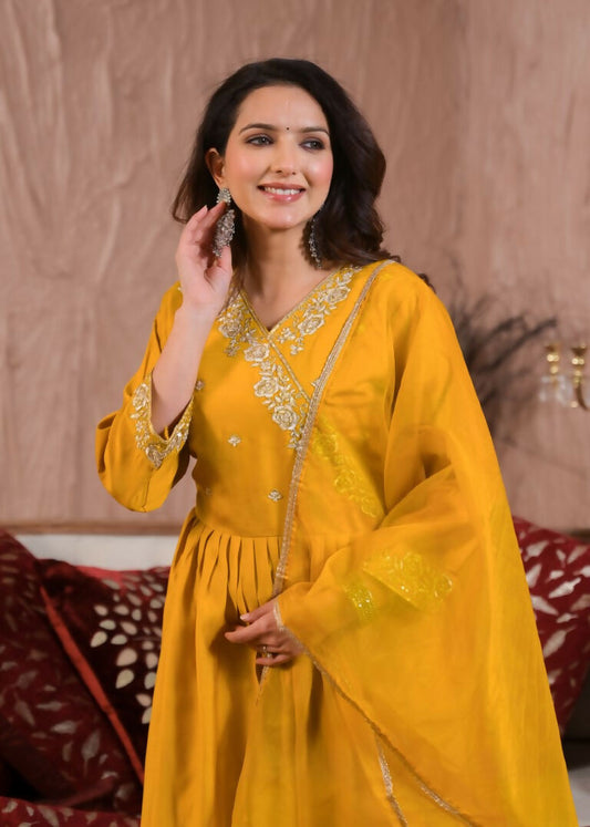 Ethnic Festive Wear Viscose Chanderi Yellow Stitched Suit With Dupatta - Tanisha | Swadesiicart