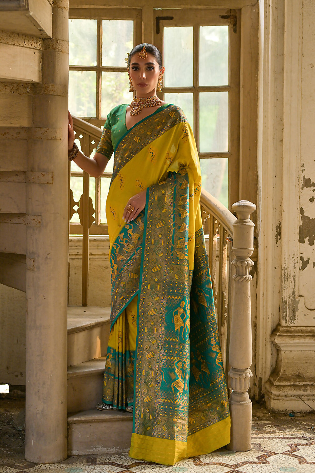 Vishnu Weaves Women's Yellow Banarasi Silk Kalamkari Zari Woven Saree with Blouse - Swadesiicart