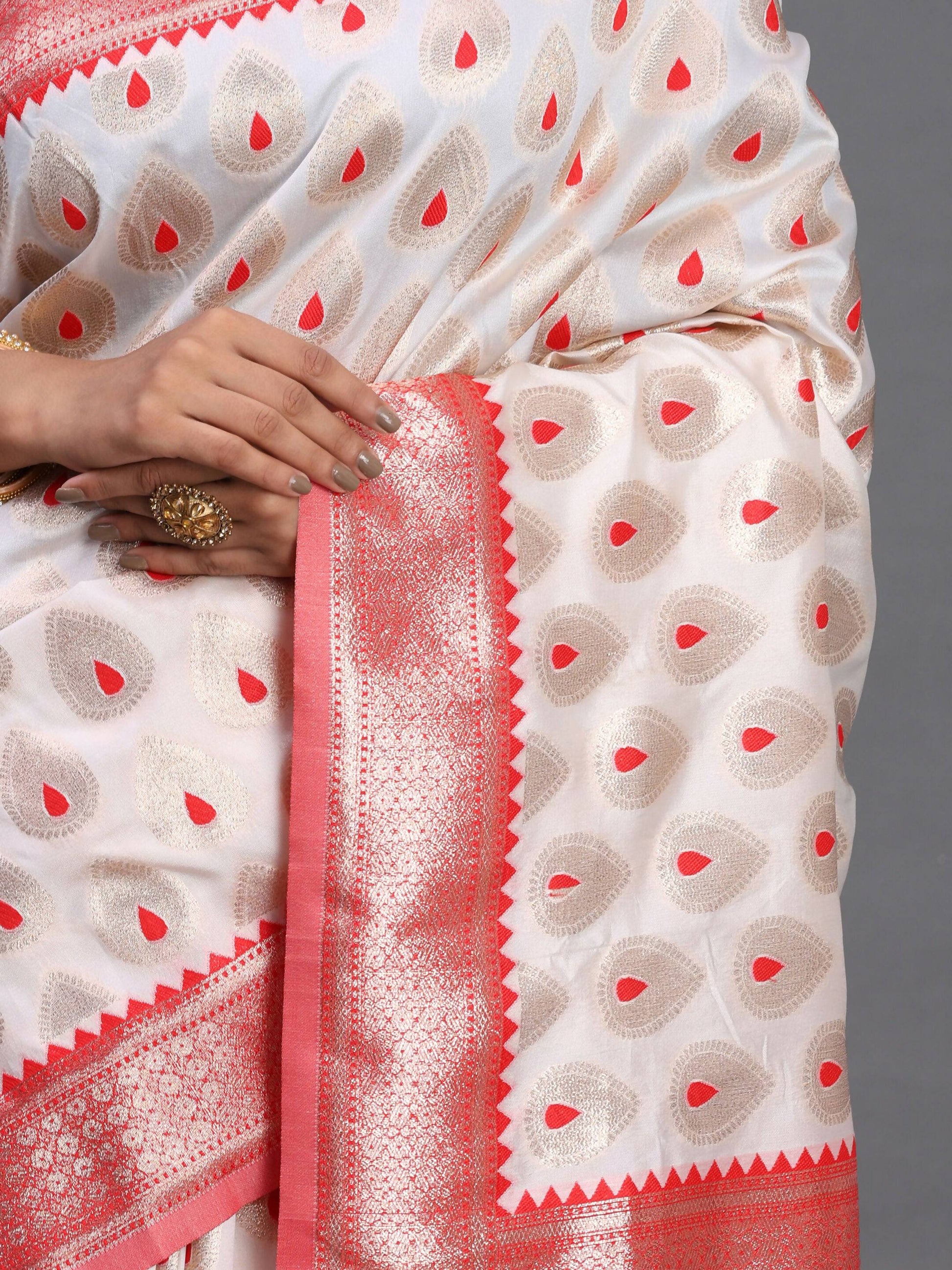 Astita Banarasi Silk Red & White Saree | Swadesiicart