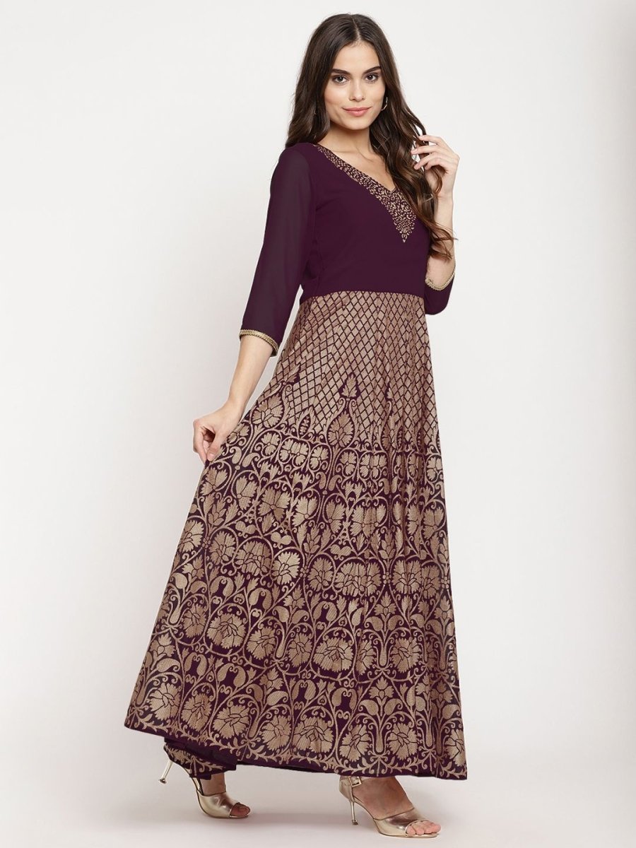 Ahalyaa Women's Wine Georgette Gold Foil Print Flared Kurta With Dupatta | Swadesiicart