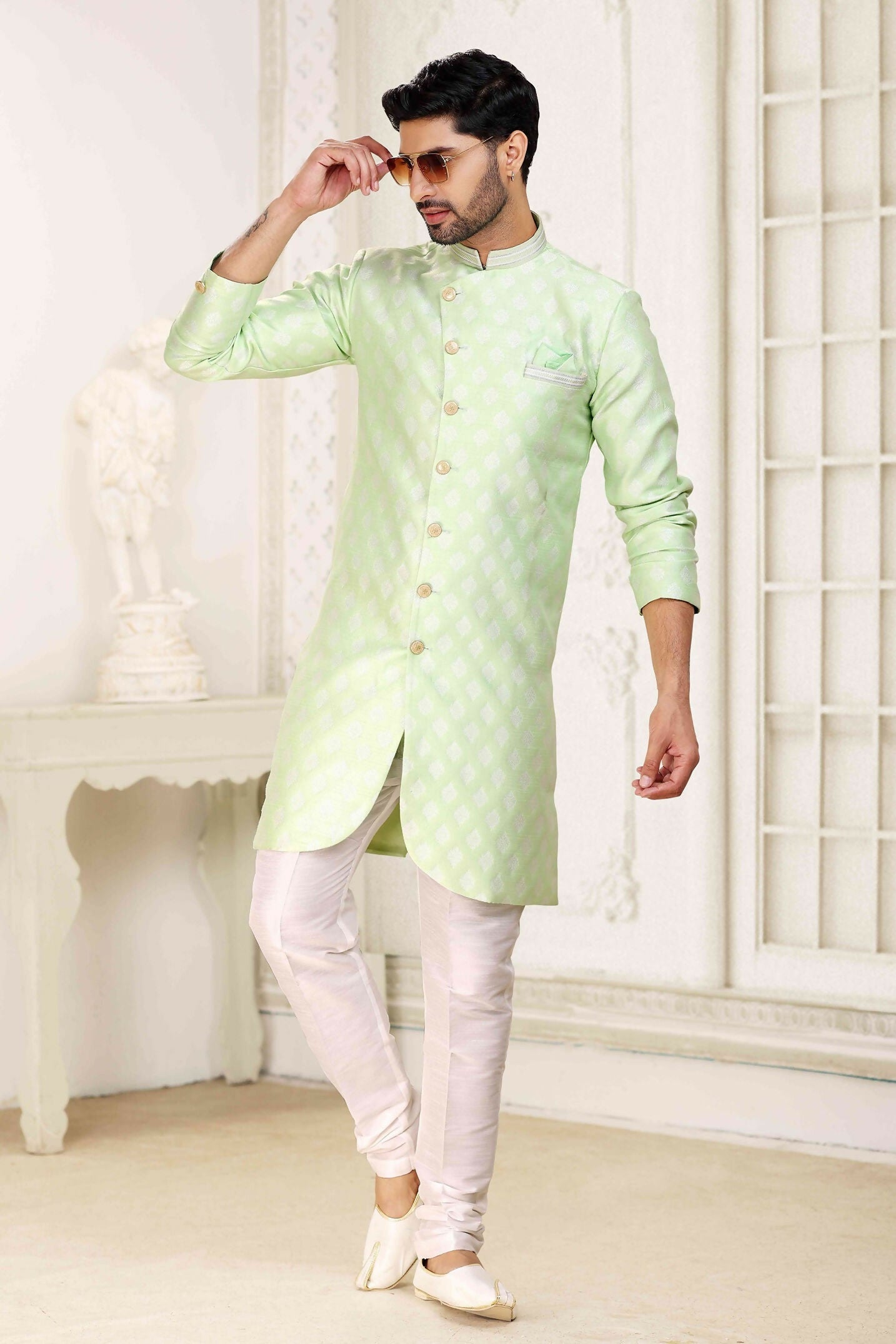 Raivat Ethnic Banarasi Jacquard Embroidery Semi Indo Western Sherwani In Pista Green Colour | Swadesiicart