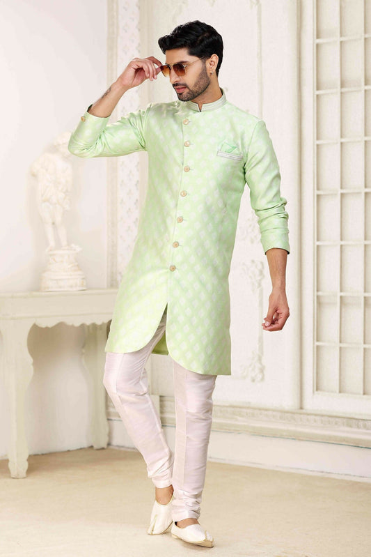 Raivat Ethnic Banarasi Jacquard Embroidery Semi Indo Western Sherwani In Pista Green Colour | Swadesiicart