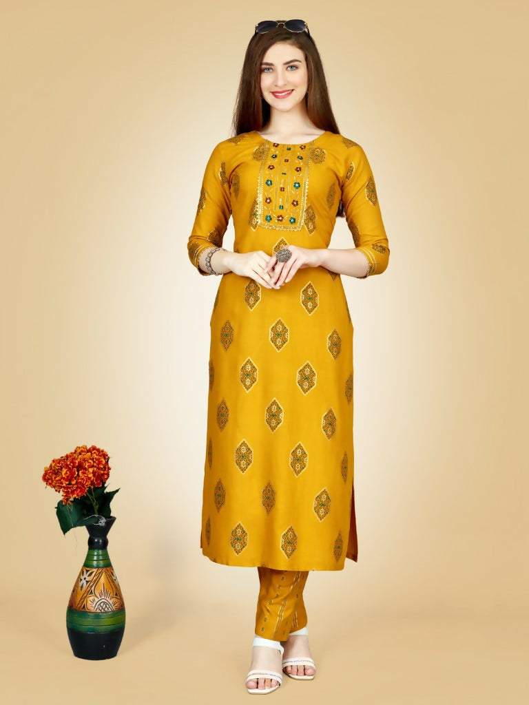 Jyoti Fashion Women's Yellow Viscose Rayon Embroidered Kurta Pant Set | Swadesiicart