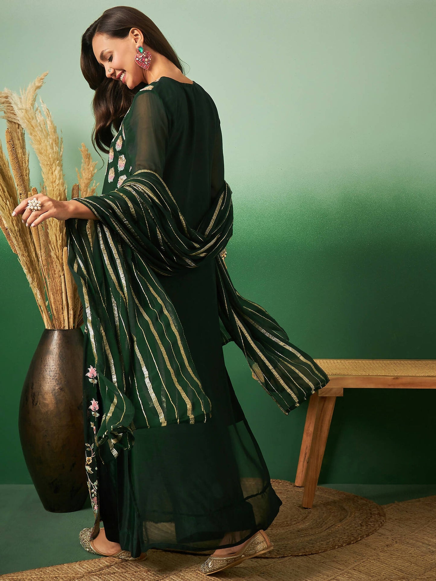 Green Georgette Handwork Unstitched Dress Material - Hanika | Swadesiicart