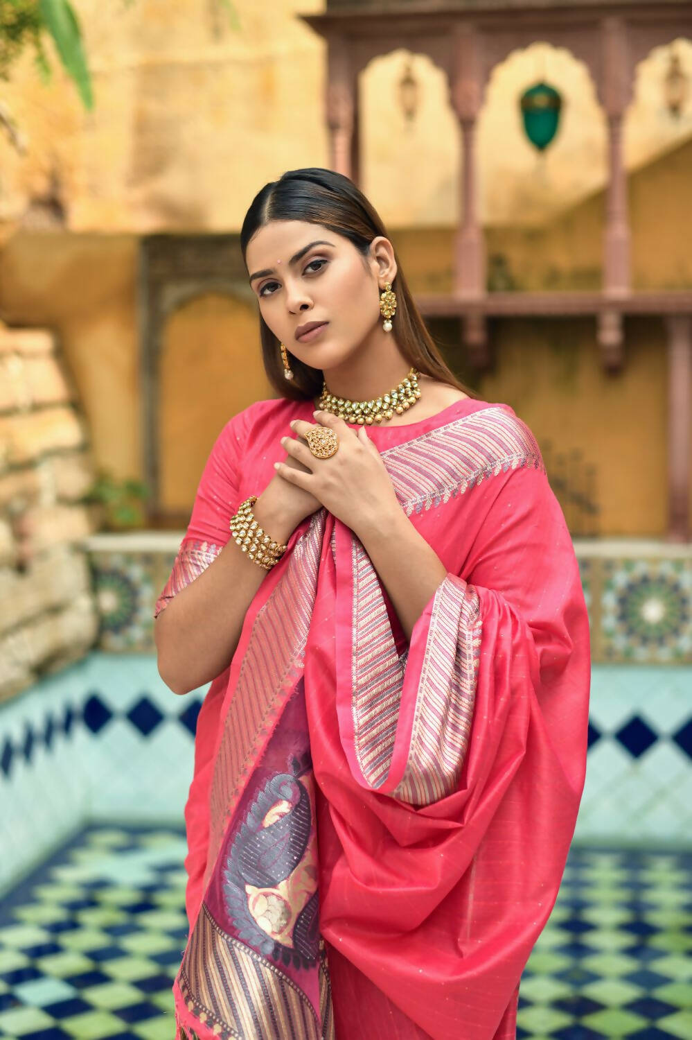 Vishnu Weaves Women's Rani Pink Cotton Silk Zari Woven Butta Work Saree with Blouse - Swadesiicart