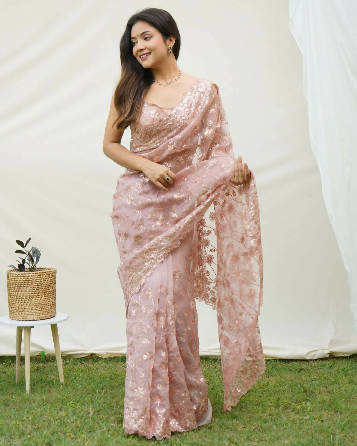 Vamsee Brown Organza Saree - Swadesiicart