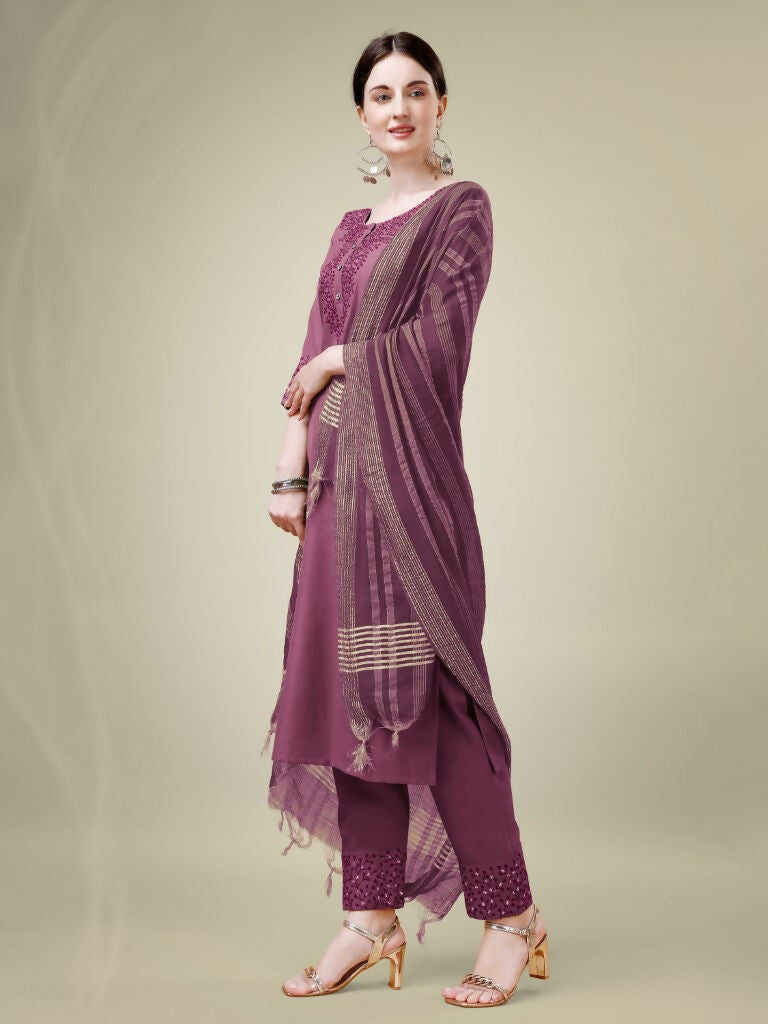 Jyoti Fashion Women's Onion Cotton Blend Embroidery & Sequence work Kurta with Trouser & Dupatta | Swadesiicart